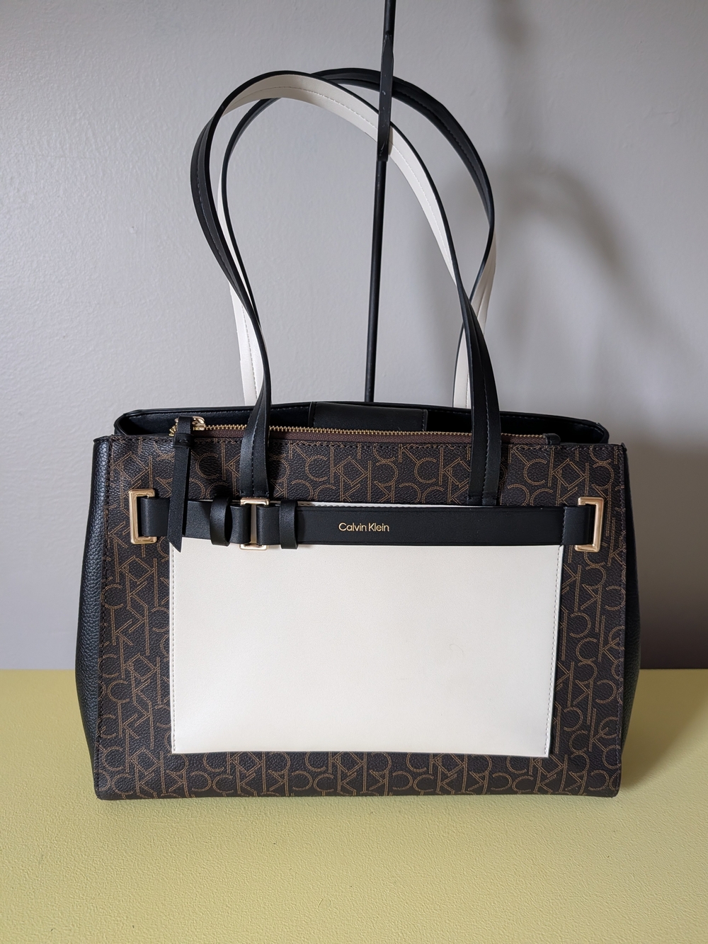 Calvin Klein Monogram Belted Shoulder Tote Bag Brown Cream